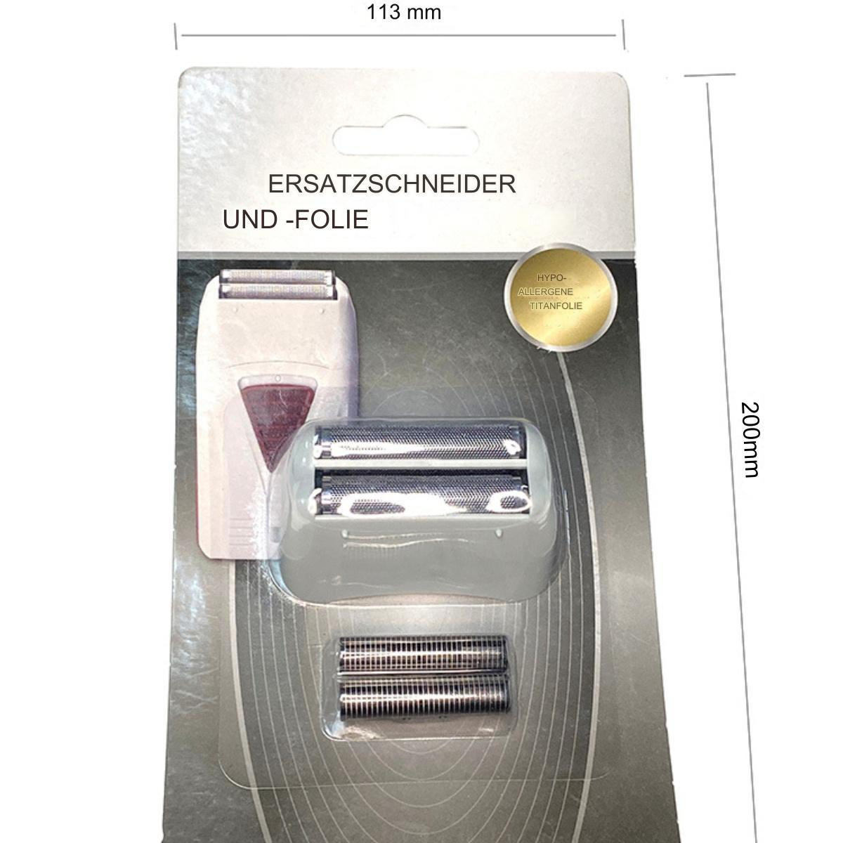 Rasierklingen-Ersatzpackung. Weiß und Grau, mit deutschem Text.