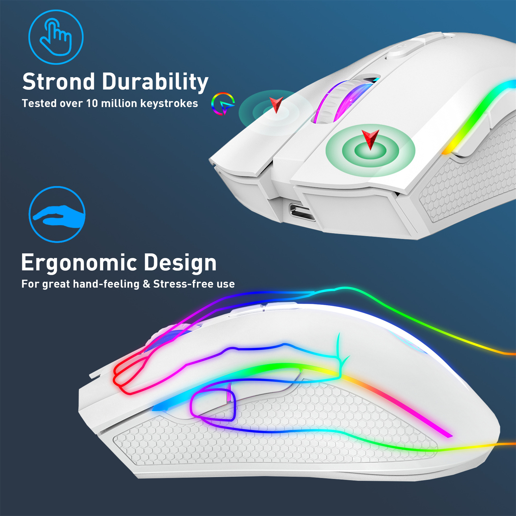Eine weiße ergonomische Maus mit RGB-Beleuchtung. Die Maus hat ein Rad und Tasten. Sie befindet sich auf blauem Hintergrund.