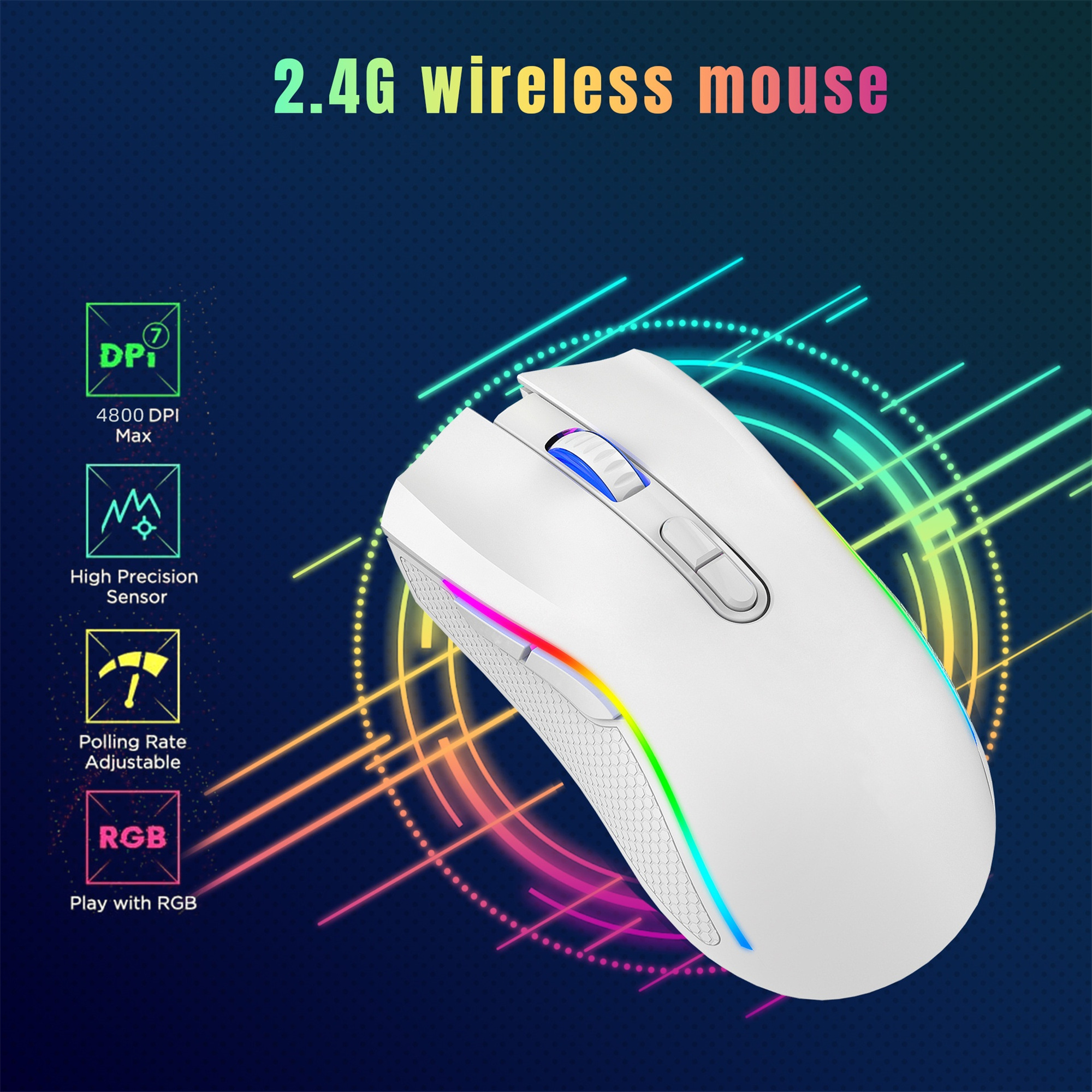 Weiße drahtlose Maus mit RGB-Beleuchtung und Produktangaben im Hintergrund.