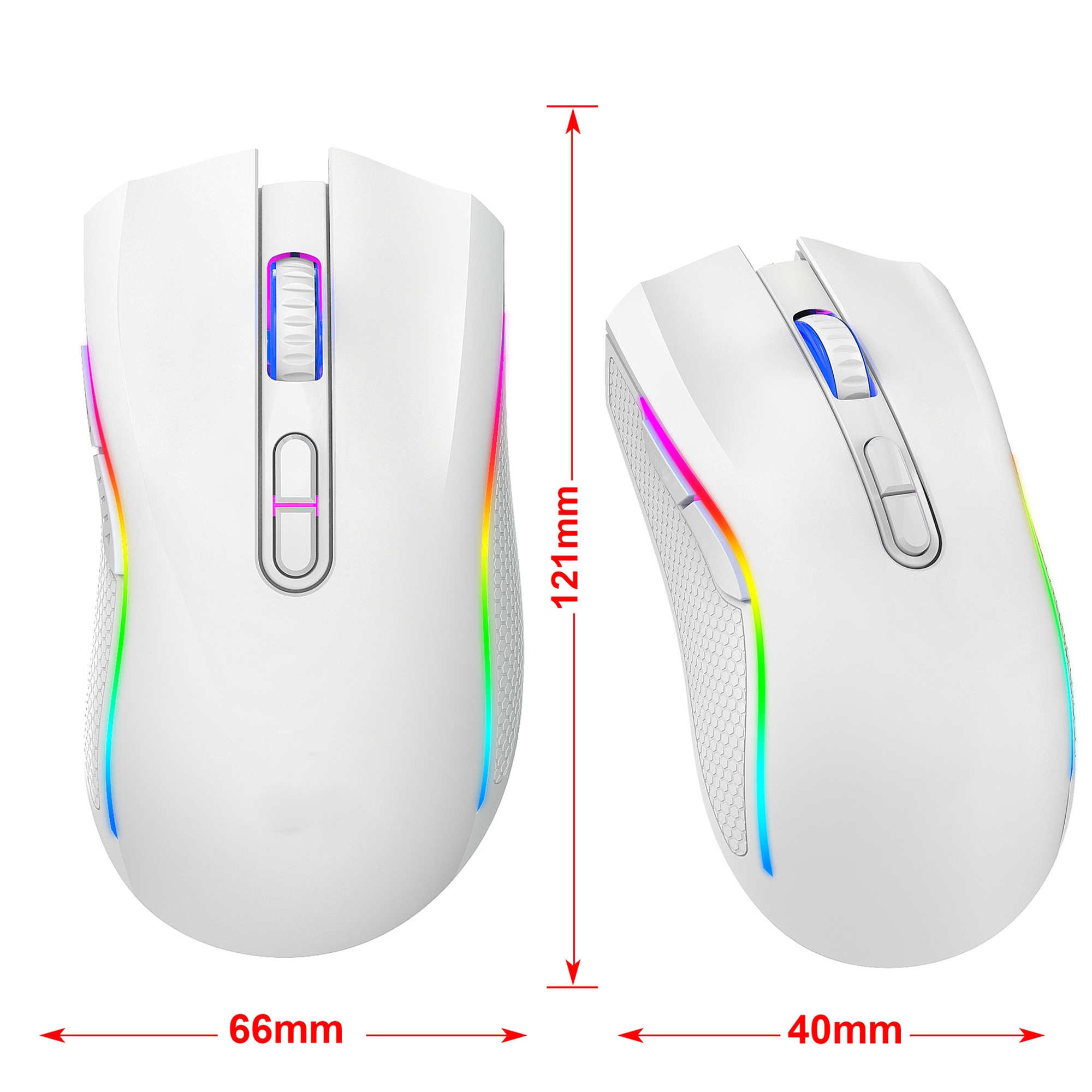 Zwei weiße Gaming-Mäuse. Beide haben farbige Lichter um sich herum. Abmessungen sind angegeben.