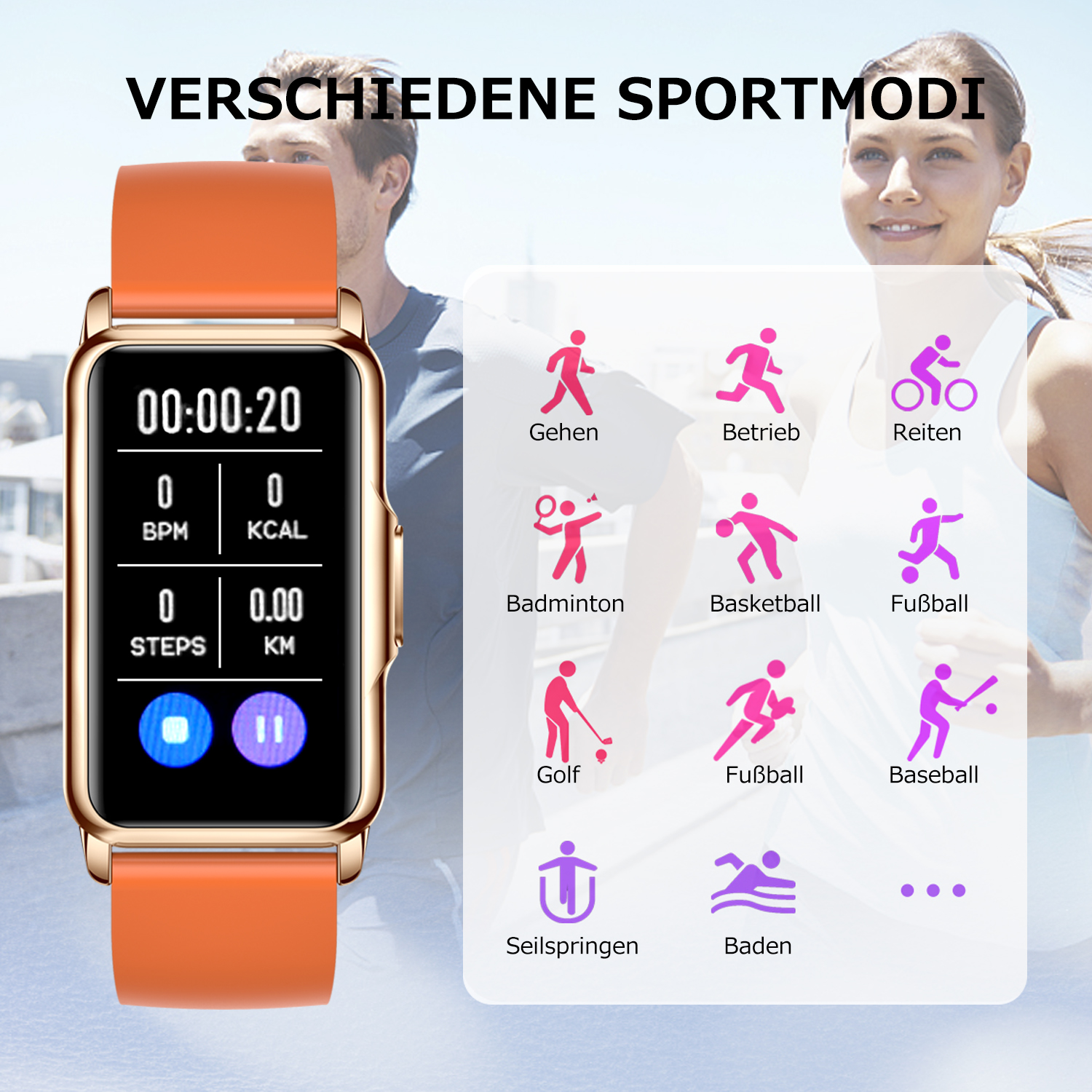 Smartwatch mit orangefarbenem Armband, das Sportmodi anzeigt. Personen joggen im Hintergrund.