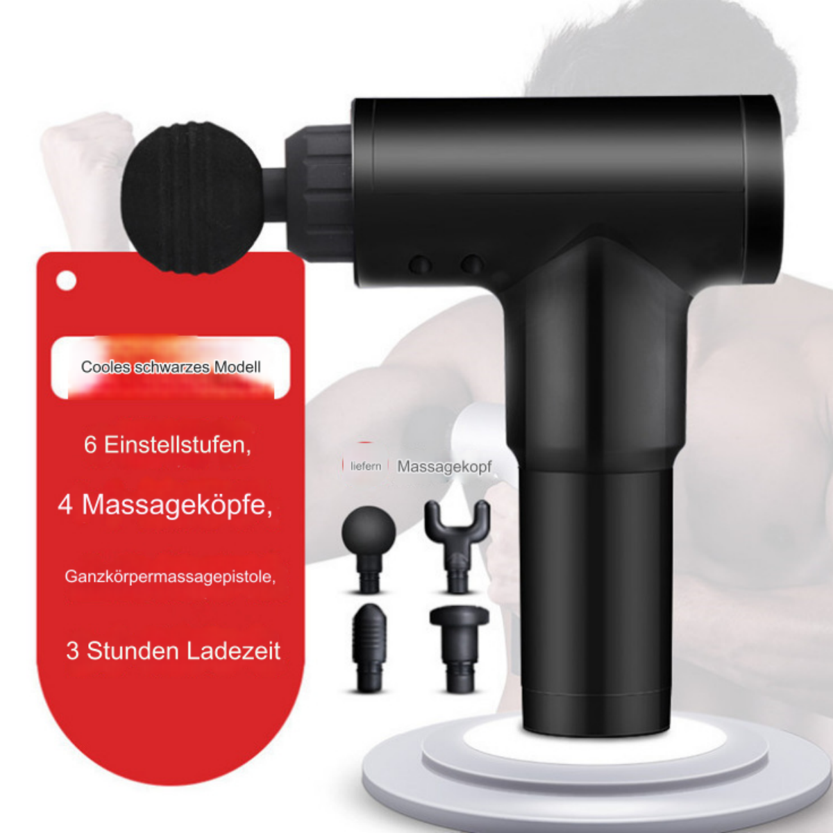 Eine schwarze Massagepistole mit rotem Etikett, das Funktionen zeigt, auf weißer Plattform.