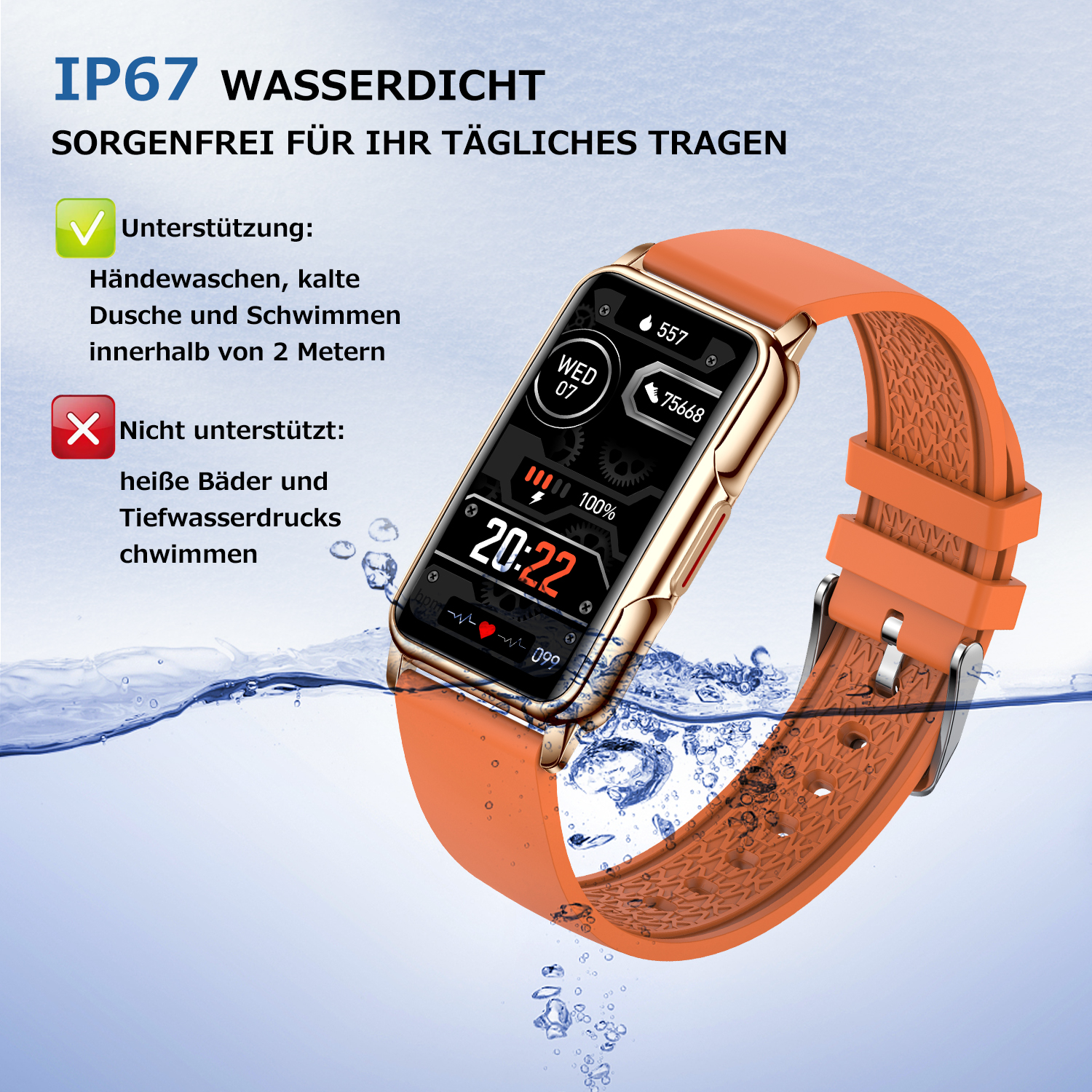 Orange Smartwatch mit Wassertropfen, Bildschirm zeigt Zeit und Informationen.