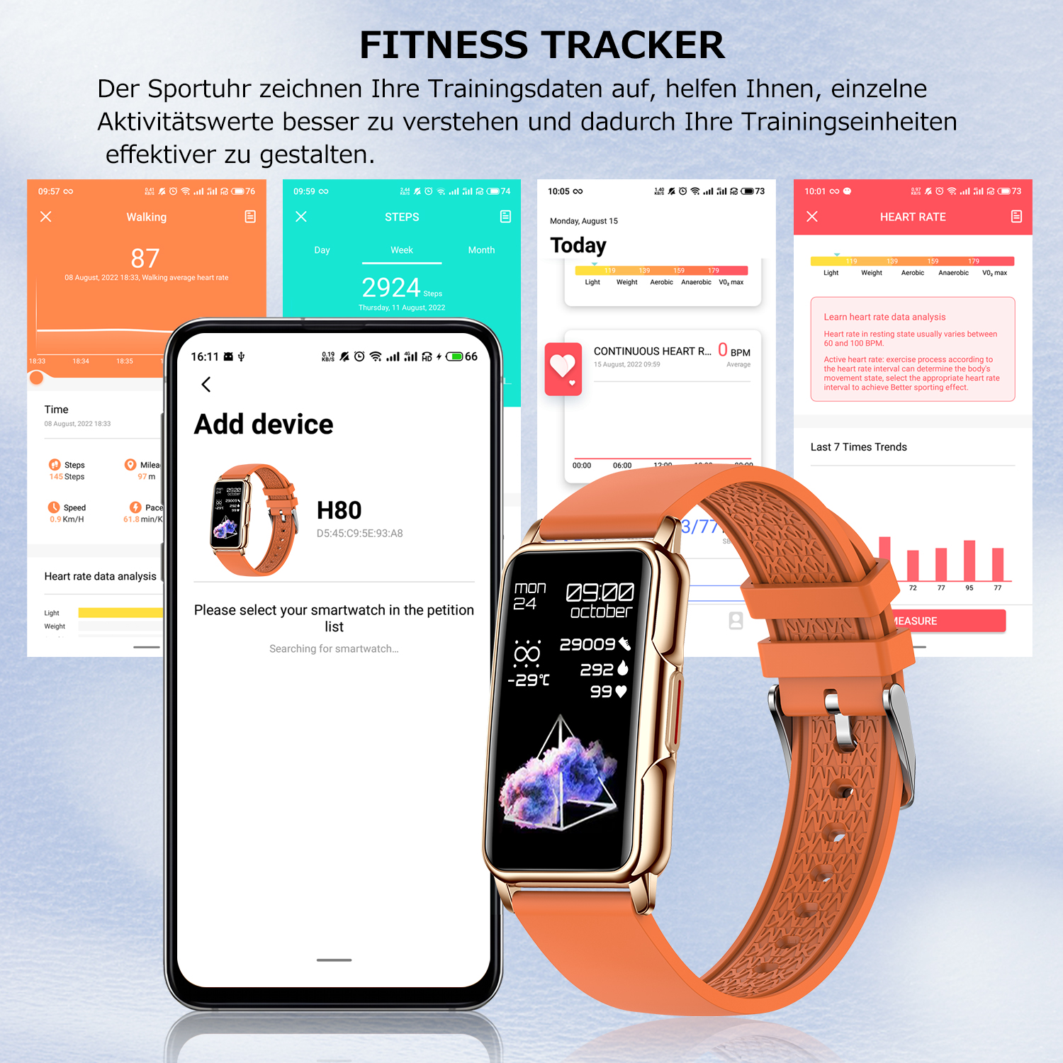 Fitness-Tracker-Oberfläche auf Telefon und Uhr. Mehrere Bildschirme mit Datenanzeige.