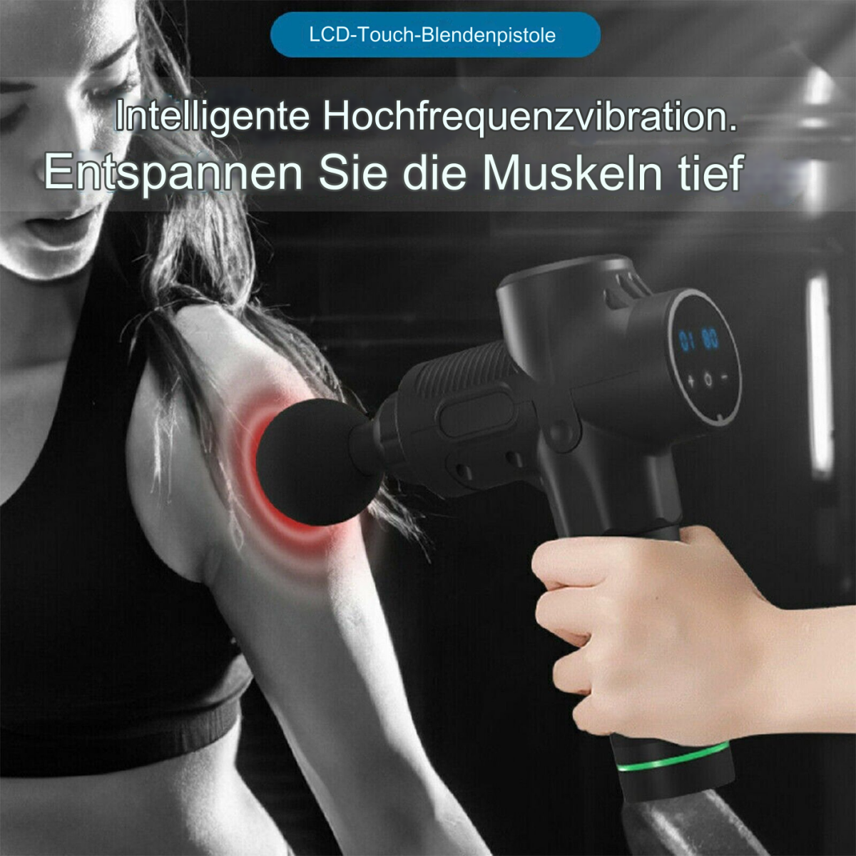 Person verwendet eine schwarze Massagepistole an ihrem Arm, mit einem roten Leuchtbereich.