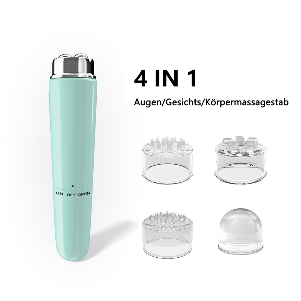 Minzgrüner 4-in-1-Gesichtsmassager mit Aufsätzen, auf Weiß.