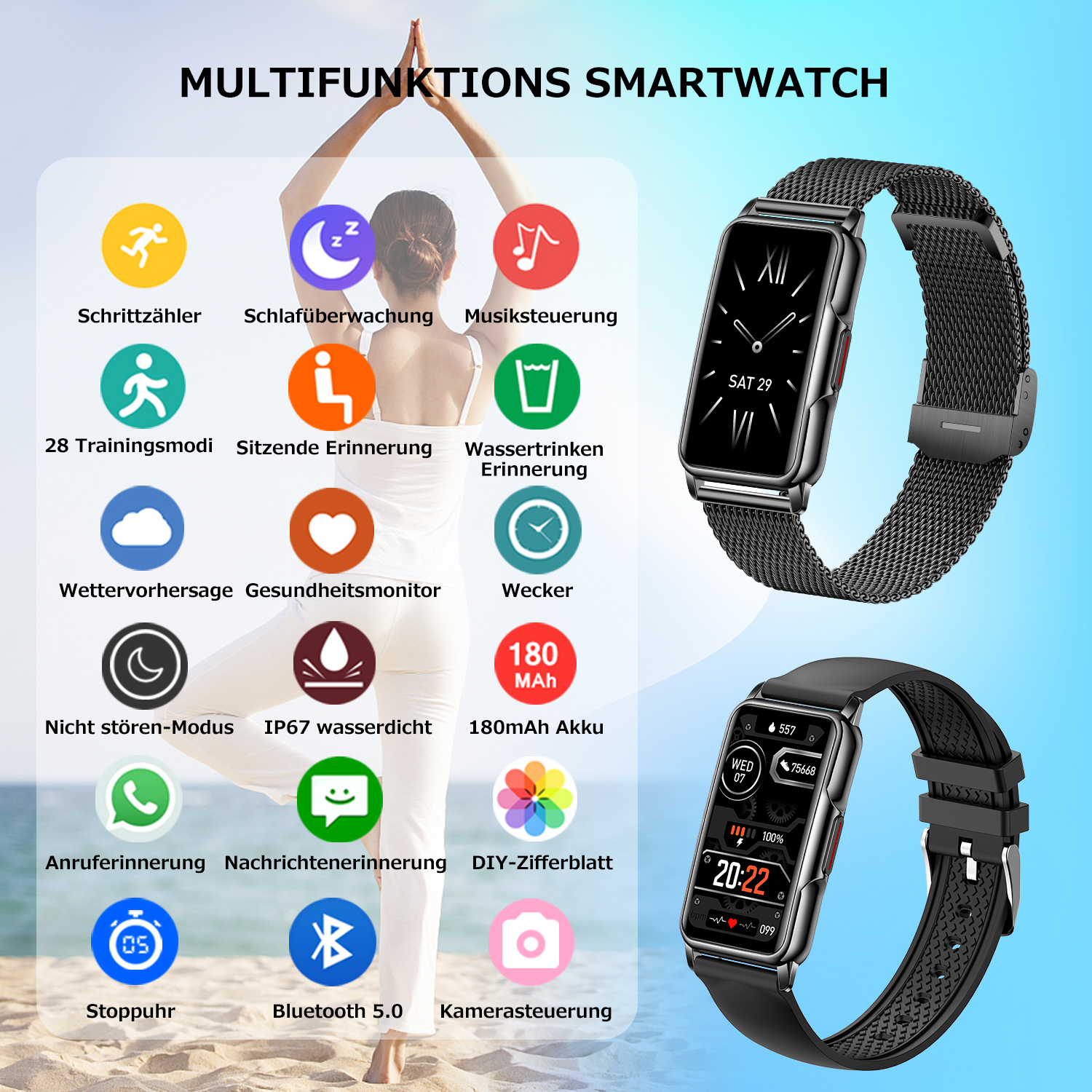 Eine Frau macht eine Yoga-Pose. Zwei Smartwatches werden gezeigt, mit verschiedenen Symbolen und Text drumherum.
