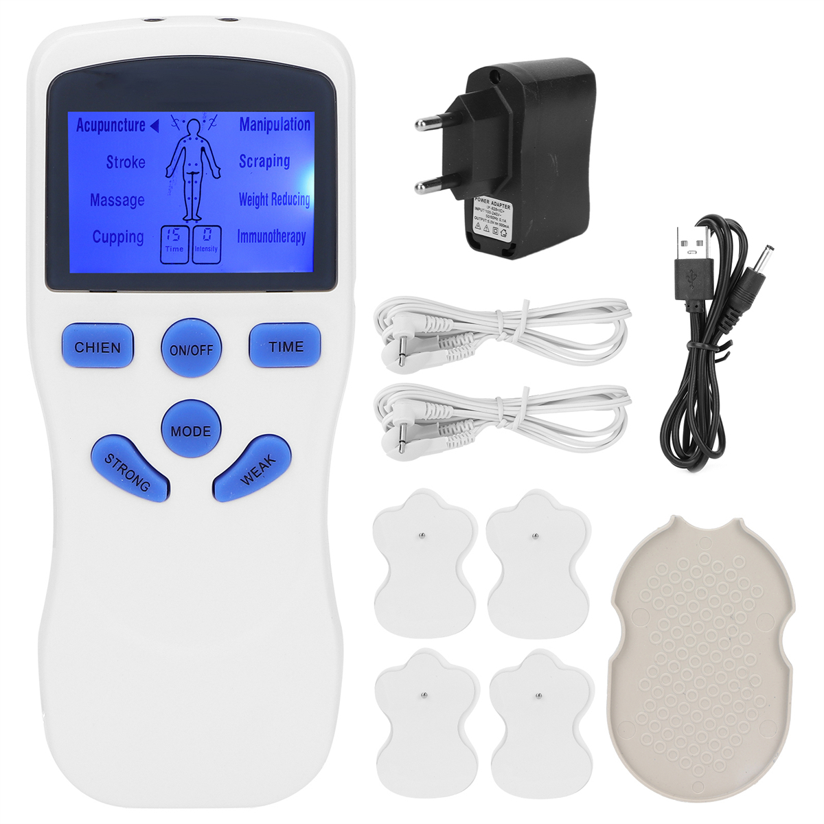 Ein weißes Elektrotherapiegerät mit Zubehör. Enthält Pads, Kabel und ein Ladegerät.