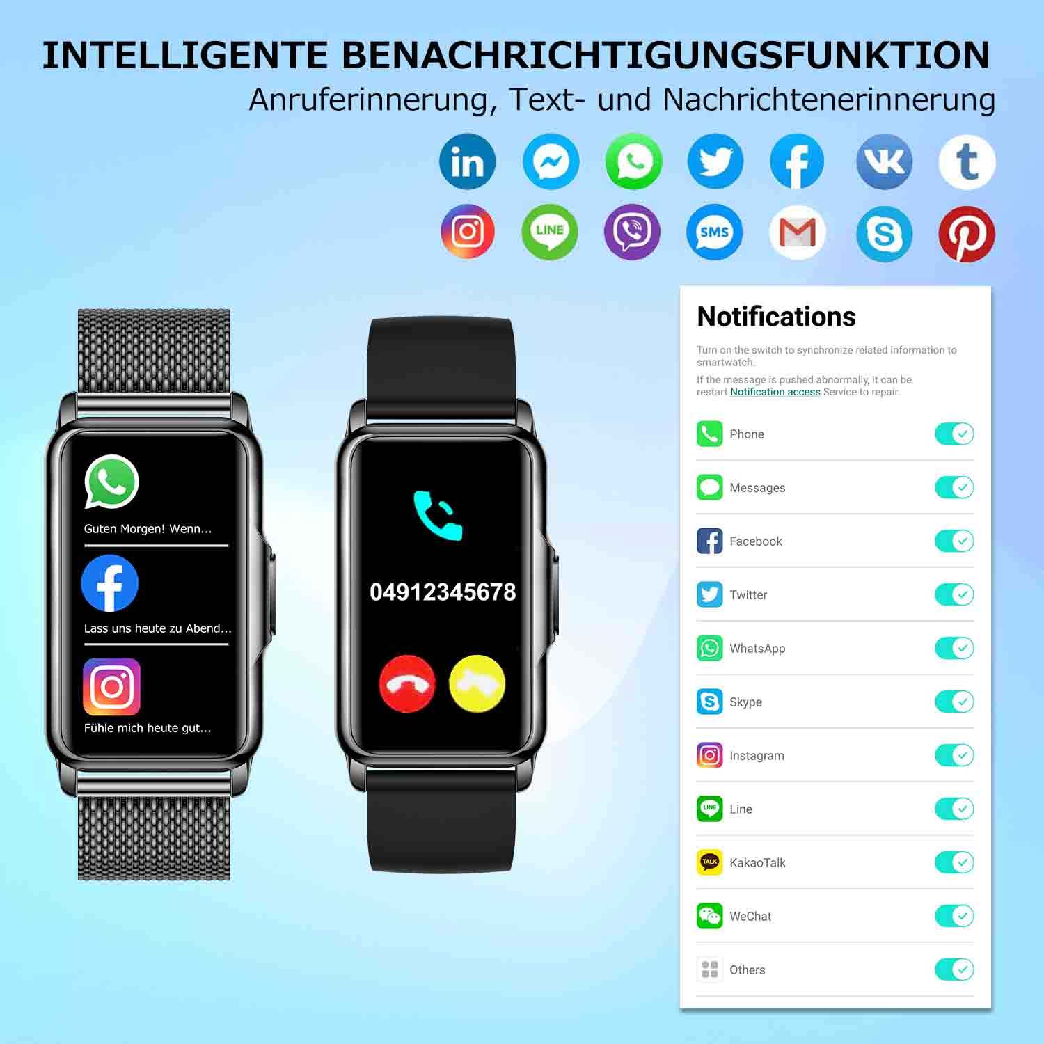 Smartwatch-Bildschirm zeigt Benachrichtigungen. Symbole für soziale Medien.