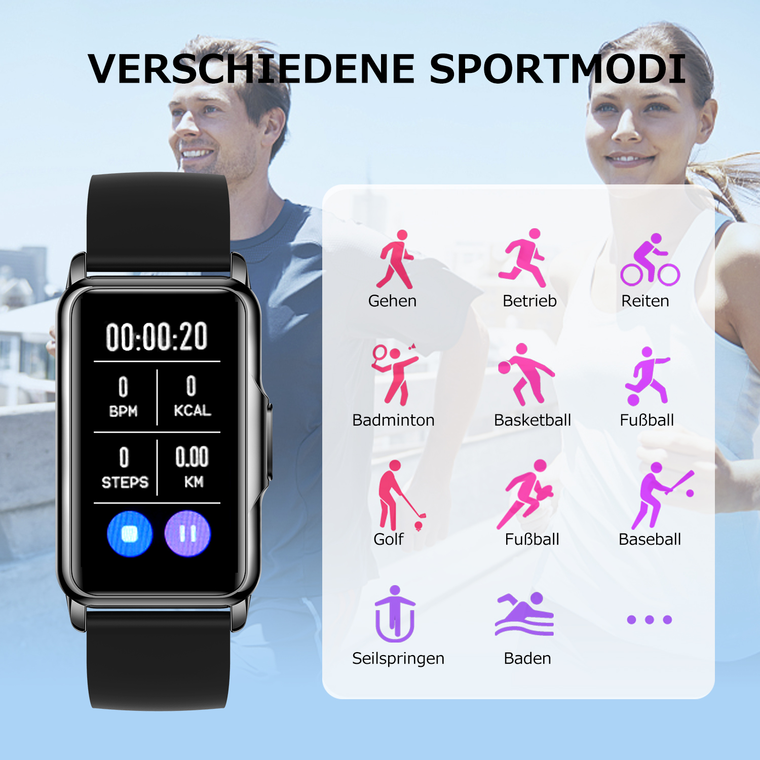 Smartwatch mit Zeitanzeige und Sportmodus-Symbolen. Im Hintergrund laufen zwei Personen.