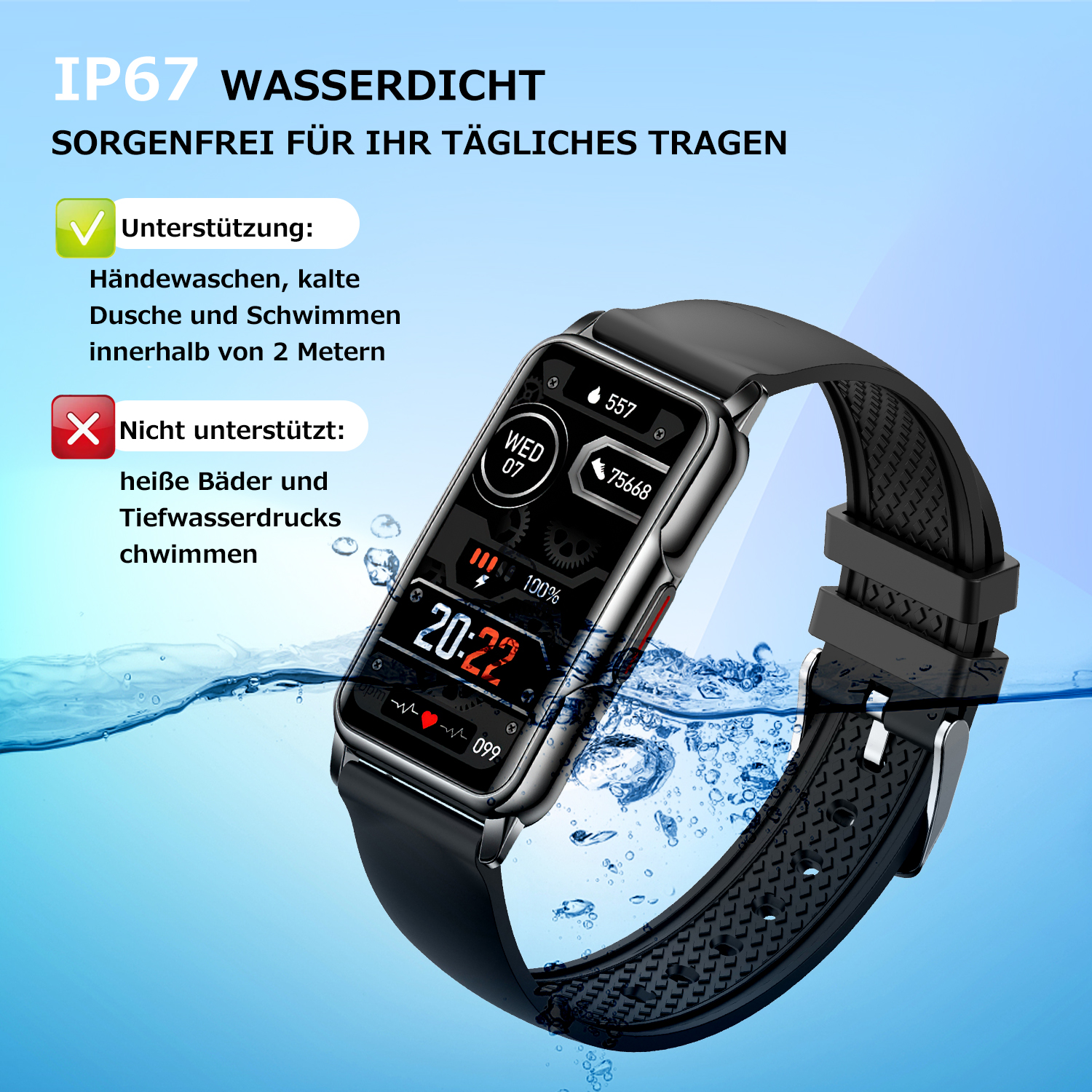 Eine schwarze Smartwatch mit Bildschirm, der Daten anzeigt, umgeben von Wasser.