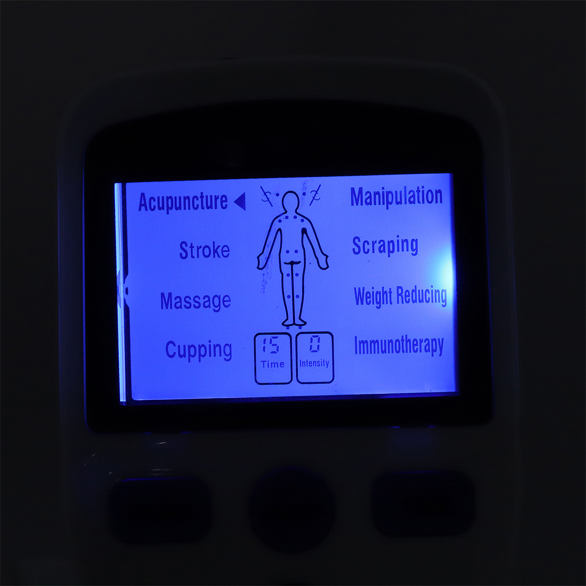 Elektronisches Akupunkturgerät mit Optionen wie Akupunktur und Massage.