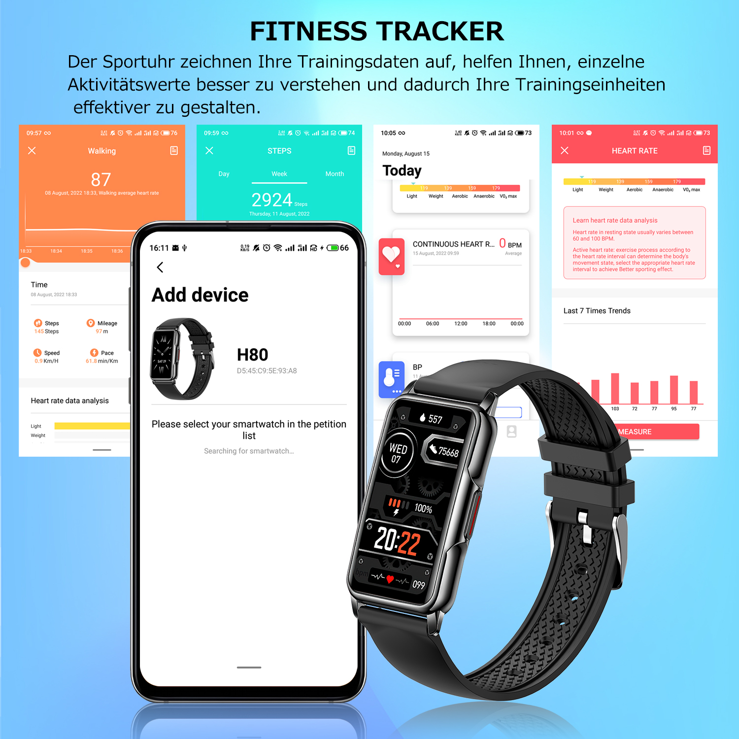 Smartwatch mit Fitness-Tracker-Oberfläche, die verschiedene Daten zeigt, weißer Hintergrund.