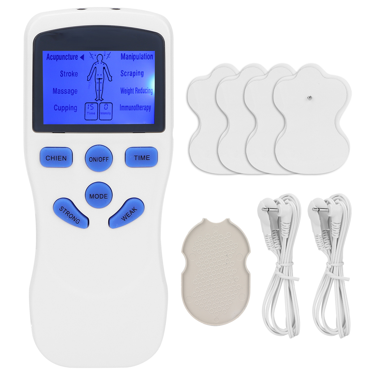 Weißes Elektrotherapiegerät mit Bildschirm und Knöpfen, Pads und Kabeln. Es ist für Akupunktur und Schröpfen.