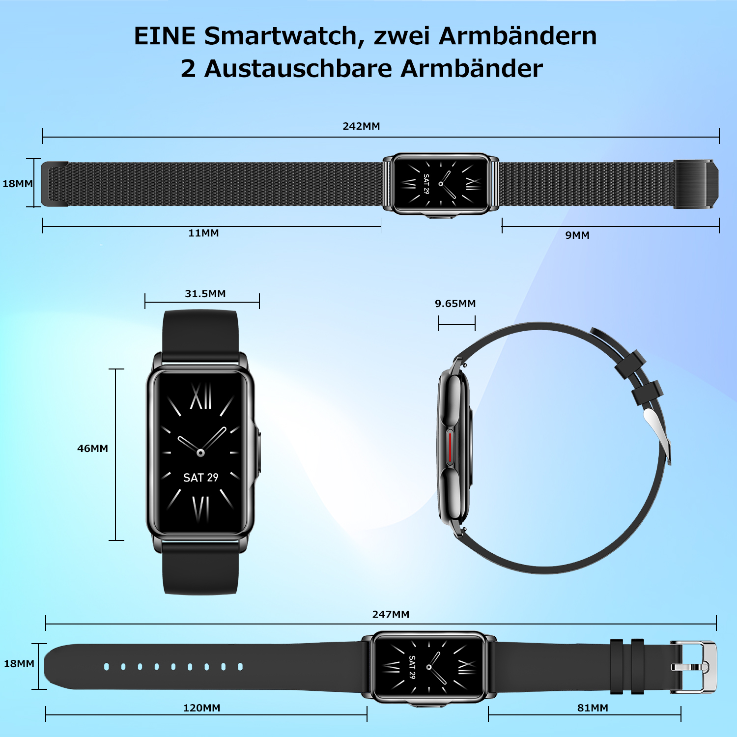 Smartwatch mit zwei austauschbaren Armbändern, Abmessungen sind angegeben.