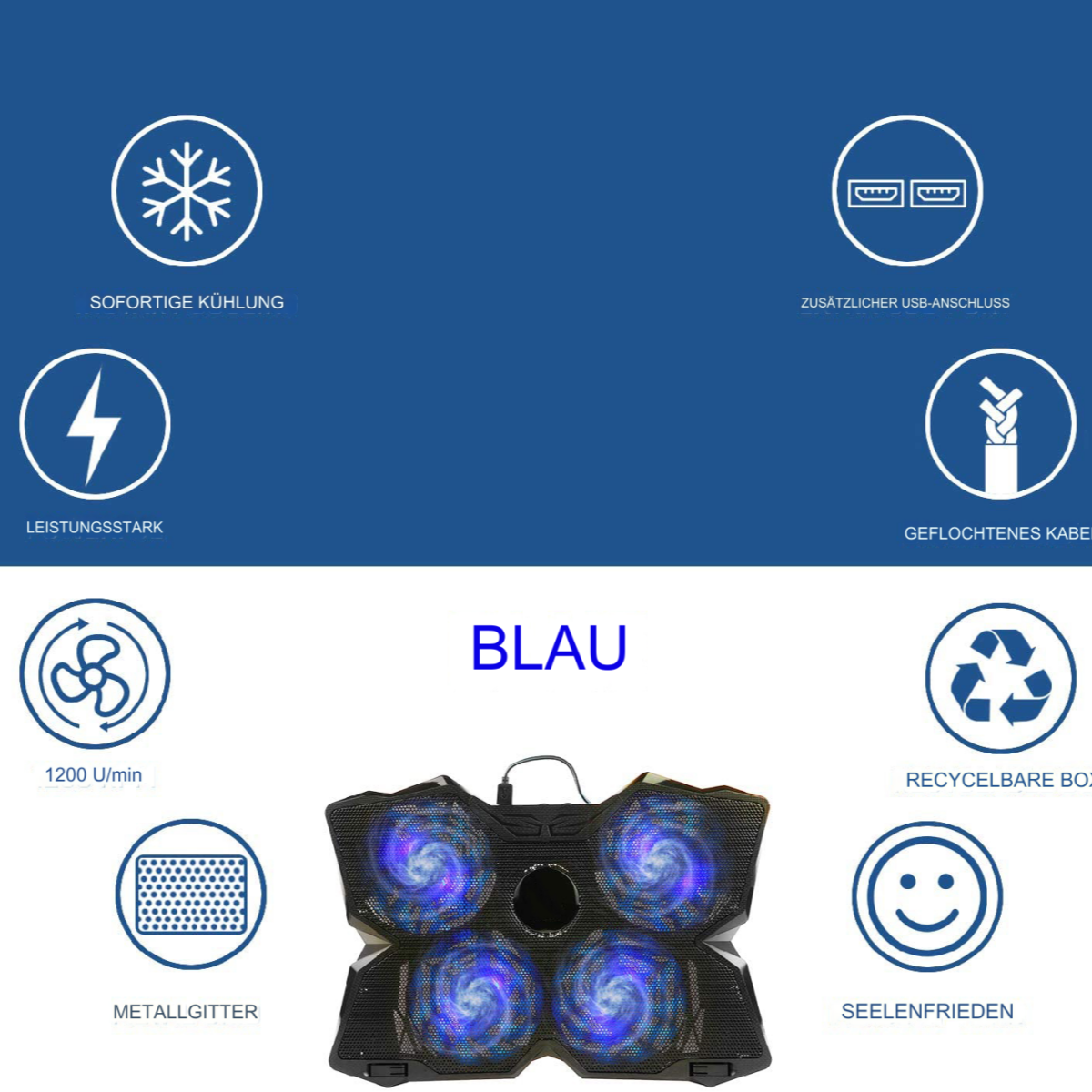 Kühlpad mit Lüftern, Icons für Funktionen wie Kühlung und USB. Blauer Hintergrund.