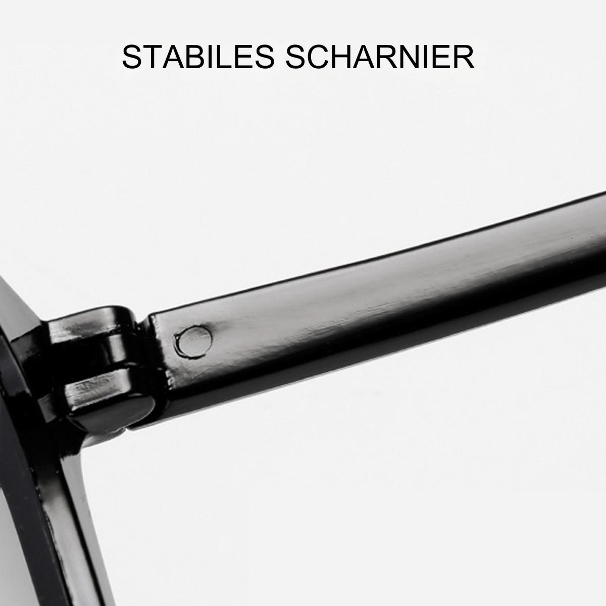 Schwarzes Brillenscharnierdetail. Der Text 'STABILES SCHARNIER' ist vorhanden.