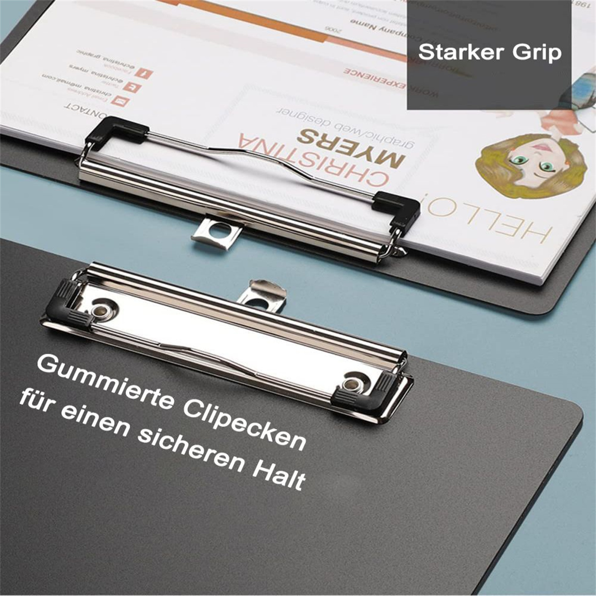 Ein Klemmbrett mit Papier und dem Text 'Starker Grip', 'Gummierte Clipecken für einen sicheren Halt'.