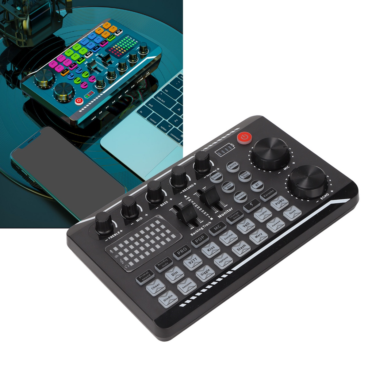 Schwarzer Audiomixer mit Knöpfen, Tasten sowie Laptop und Telefon. Schwarzer Hintergrund.