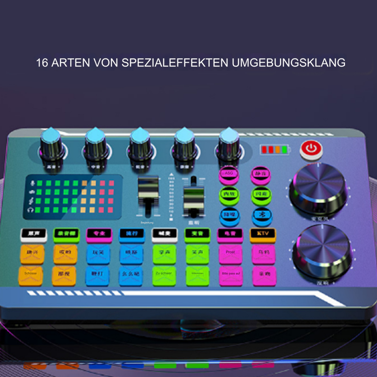 Ein Mischpult mit vielen Knöpfen und Reglern. Es ist blau und lila mit verschiedenen bunten Tasten. Das Display zeigt Bedienelemente.