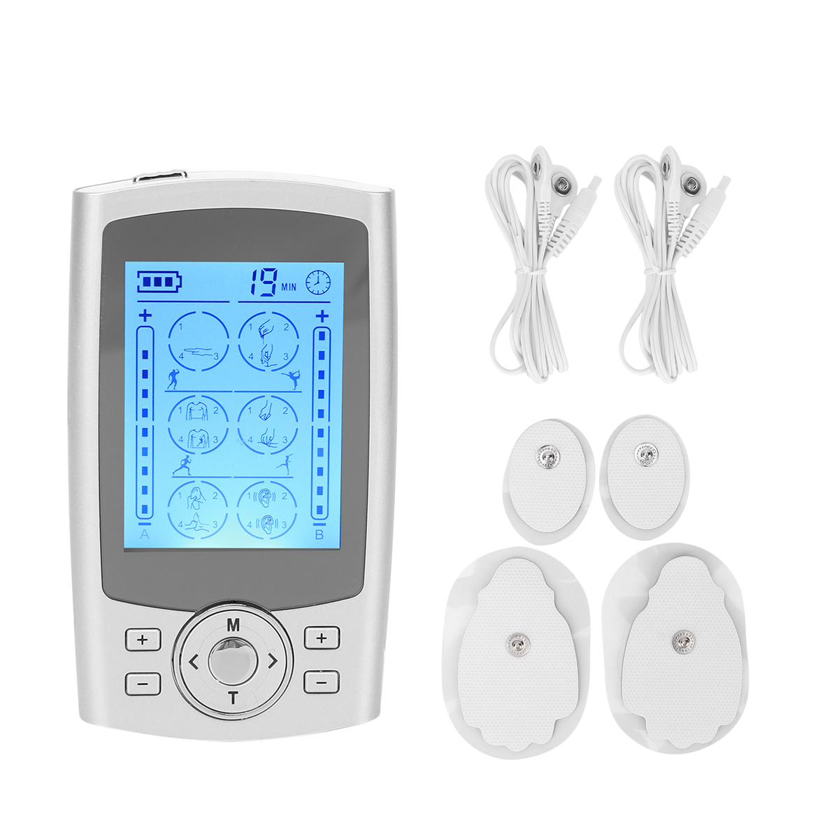 Ein silbernes EMS-Gerät mit Display, Elektroden und Anschlussdrähten.