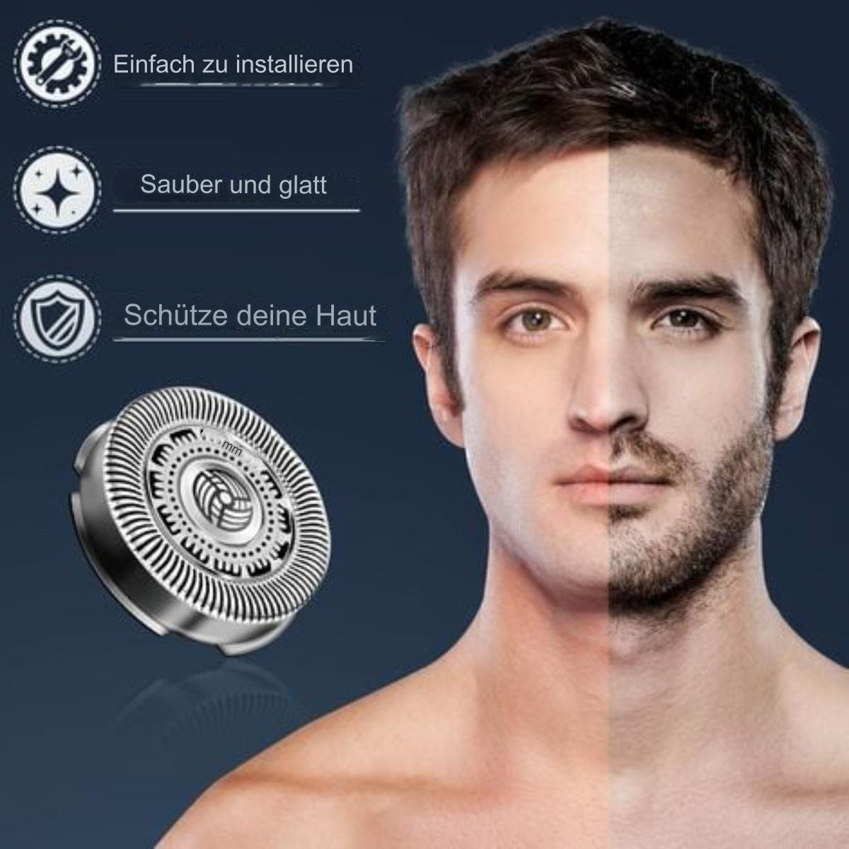 Ein Mann mit rasierten und unrasierten Gesichtsseiten. Ein Rasierkopf liegt daneben mit Text.
