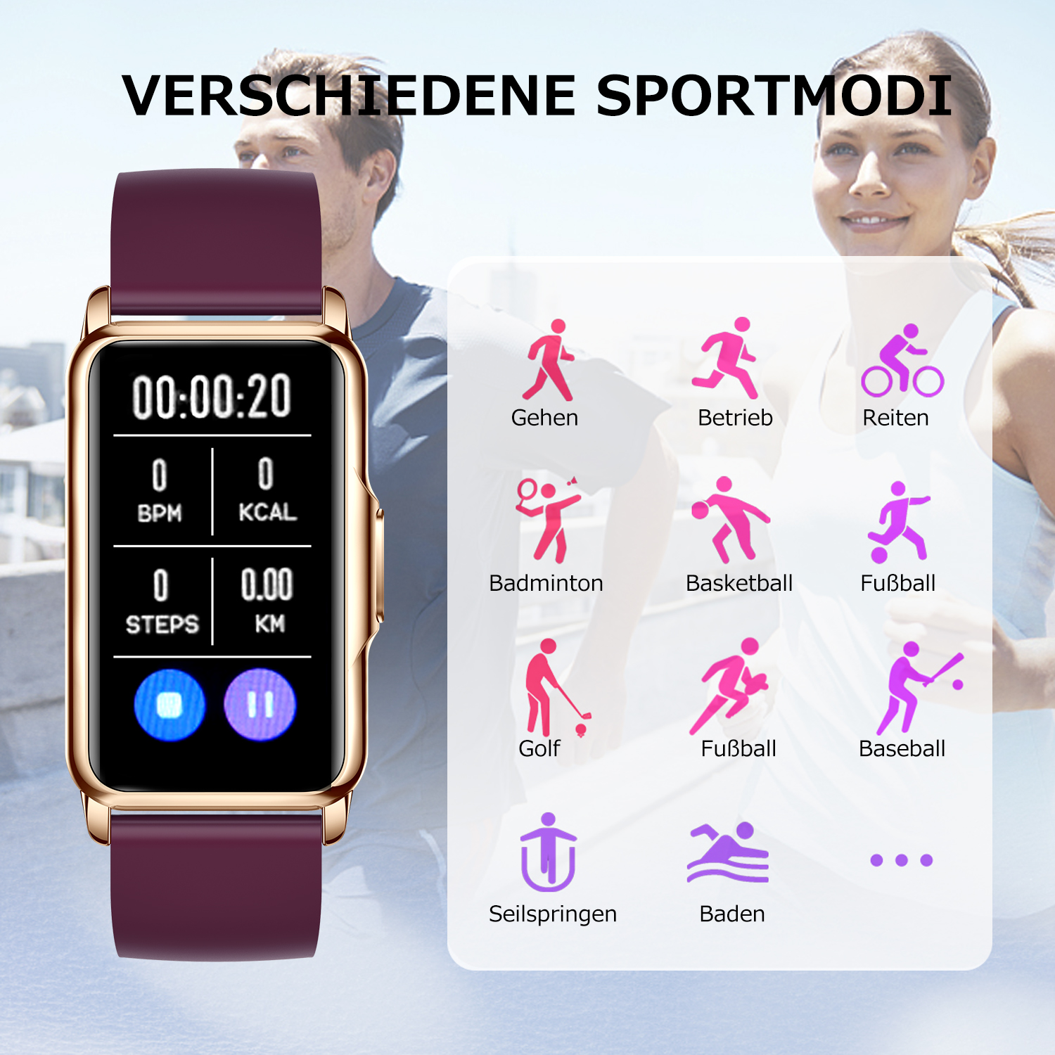 Smartwatch zeigt Zeit, Statistiken und Sportmodi. Läufer im Hintergrund.