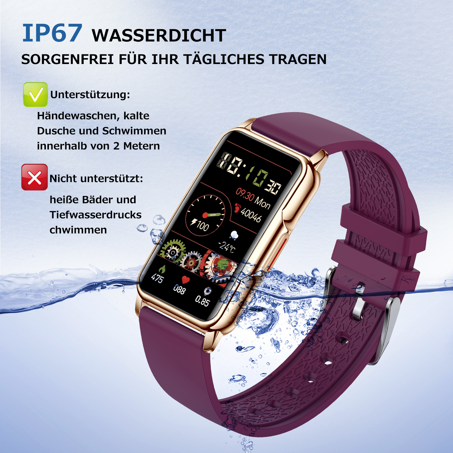 Smartwatch im Wasser, lila Armband, goldenes Gehäuse, zeigt Zeit und Daten.