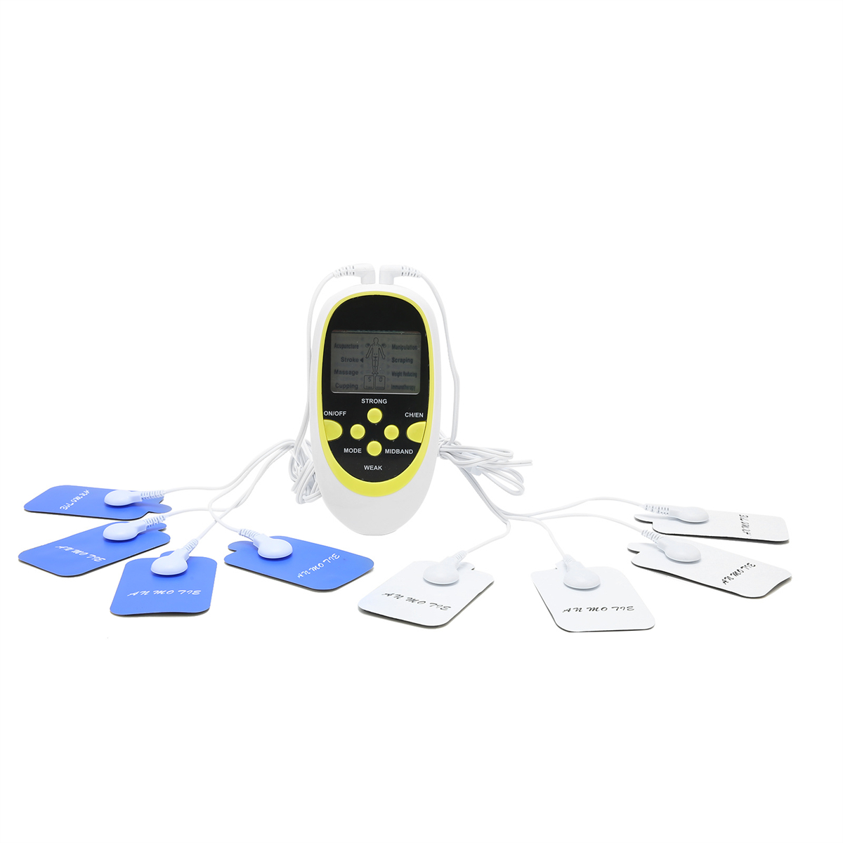 Ein EMS-Gerät mit Pads, einer Steuereinheit und Drähten, das verschiedene Modi zeigt.