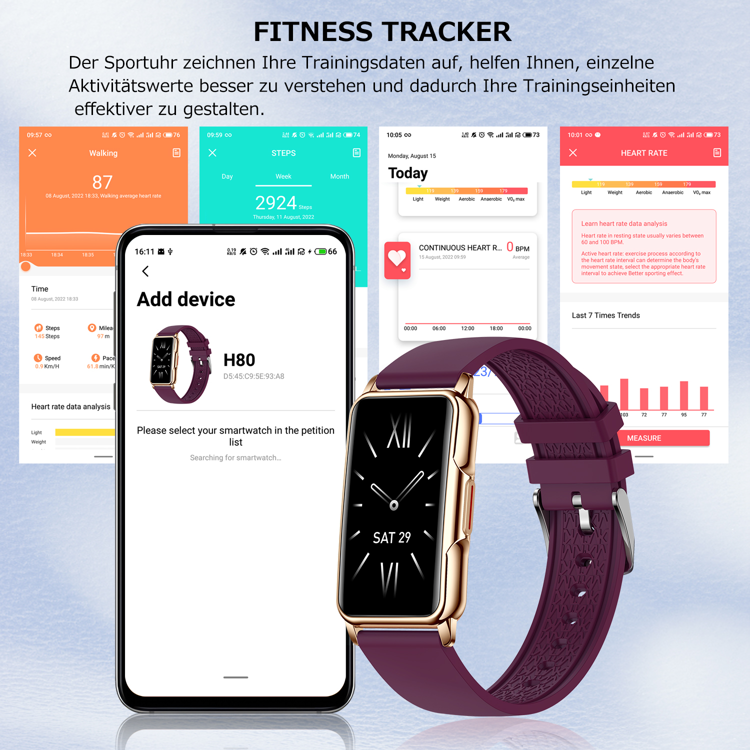 Fitness-Tracker zeigt Daten auf einem Smartphone an. Mehrere Diagramme und Datenpunkte sind sichtbar.
