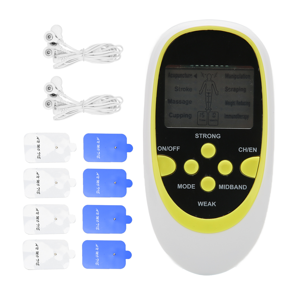Ein schwarz-gelbes elektronisches Therapiegerät mit Zubehör. Weißer Hintergrund.
