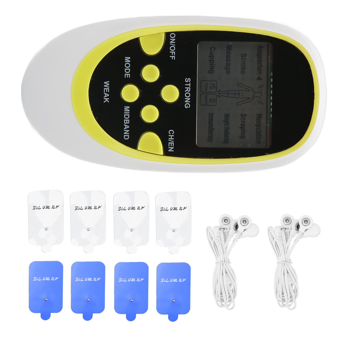 Elektronisches Therapiegerät mit Pads und Kabeln.