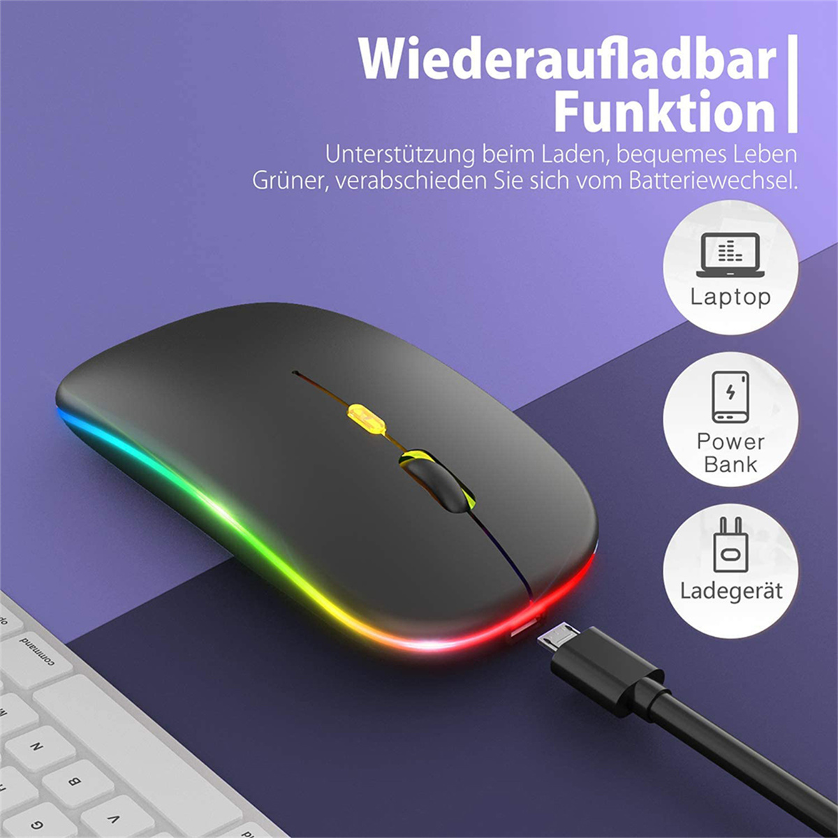 Schwarze kabellose Maus mit farbiger LED-Kantenbeleuchtung, neben Tastatur und Ladekabel.