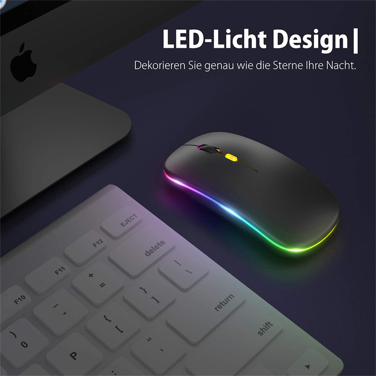 Schwarze Computermaus mit LED. Maus auf dem Schreibtisch mit Tastatur und Laptop, mit bunten LED-Leuchten.