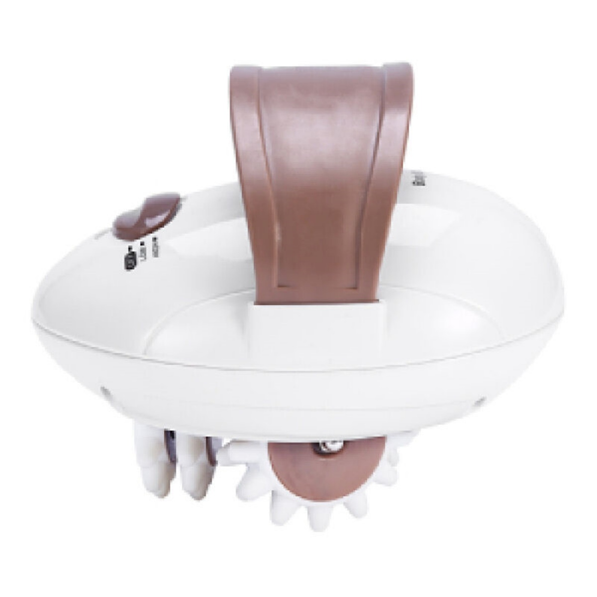 Ein weißes Massagegerät mit braunem Akzent und mehreren rotierenden Massageköpfen.
