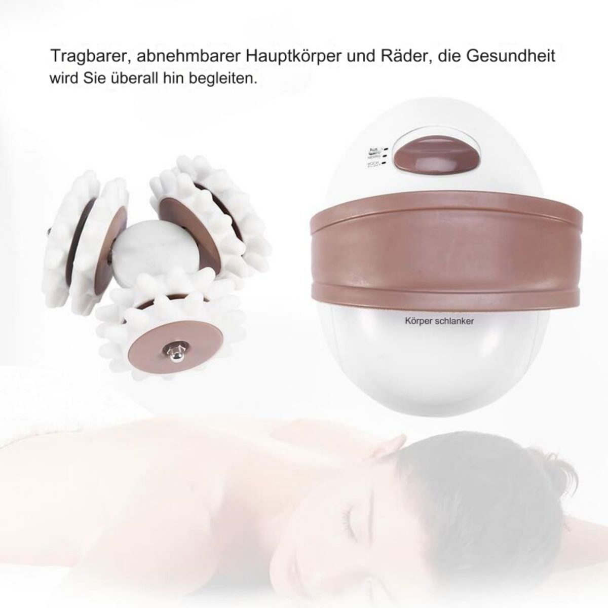 Körpermassagegerät mit rotierenden Köpfen. Weiß und Braun. Silhouette einer Person im Hintergrund.