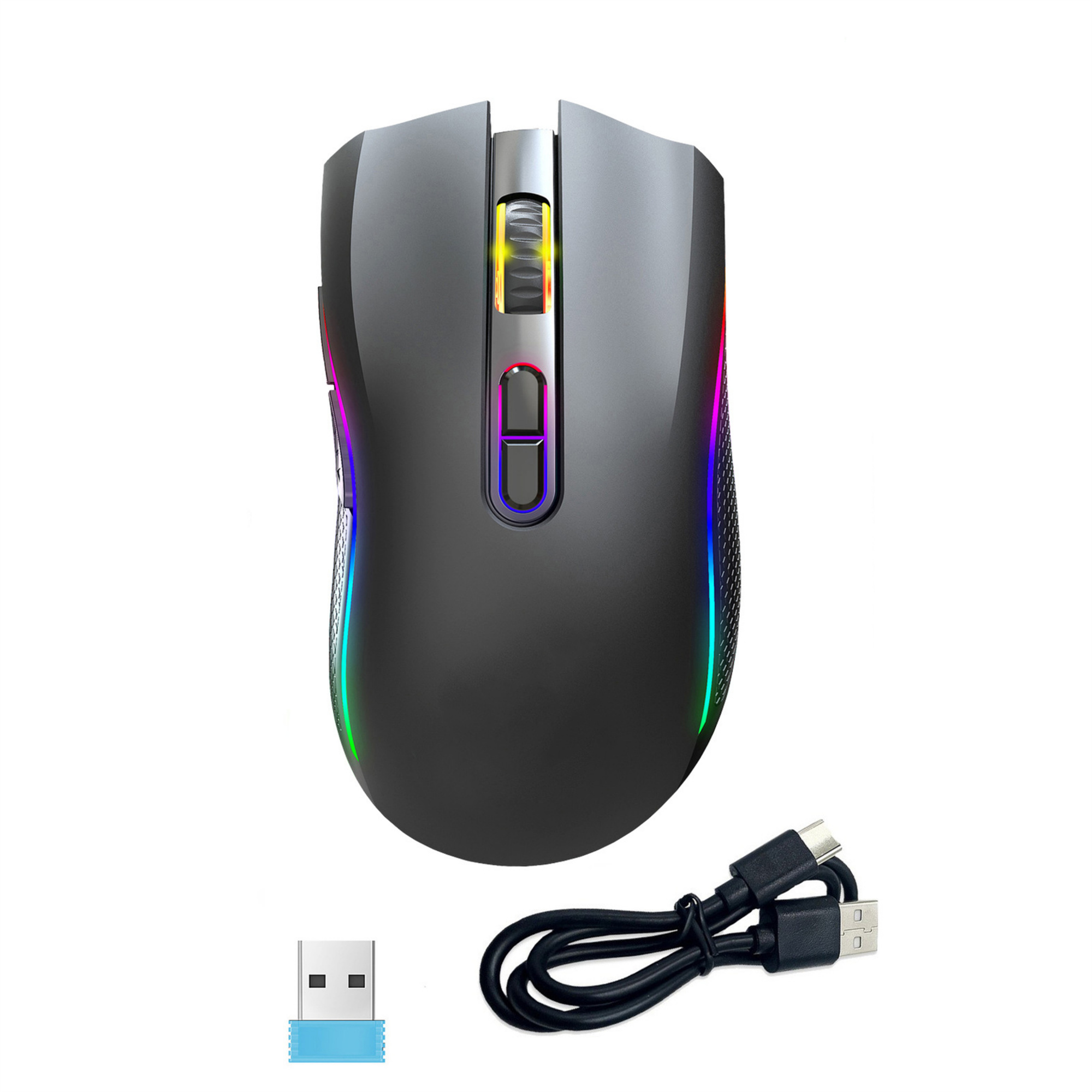 Schwarze Gaming-Maus mit Regenbogenlichtern, USB-Empfänger und Ladekabel.