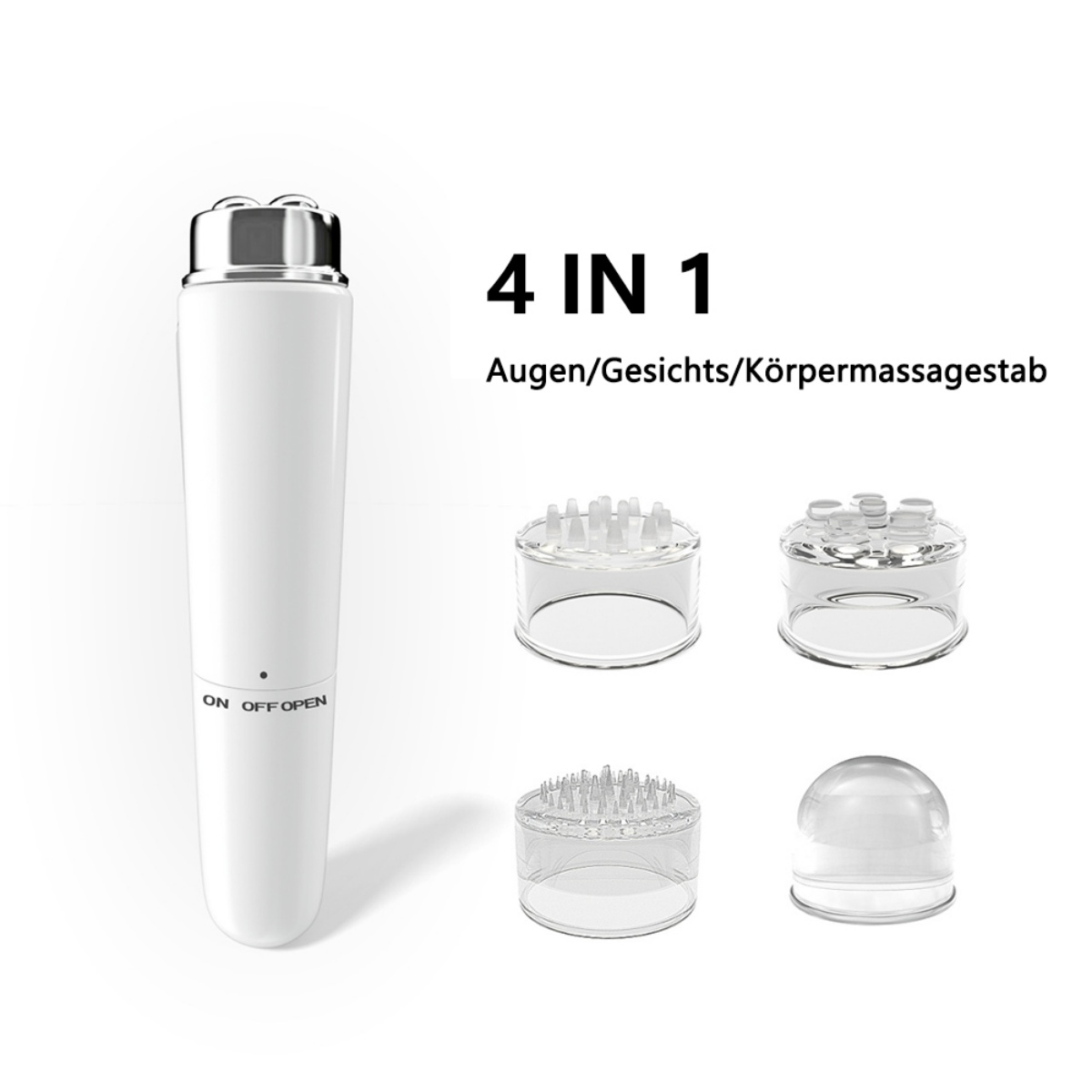 Weißes Gesichtsmassagegerät mit verschiedenen Aufsätzen. Text '4 in 1'. Für Gesicht und Körper.