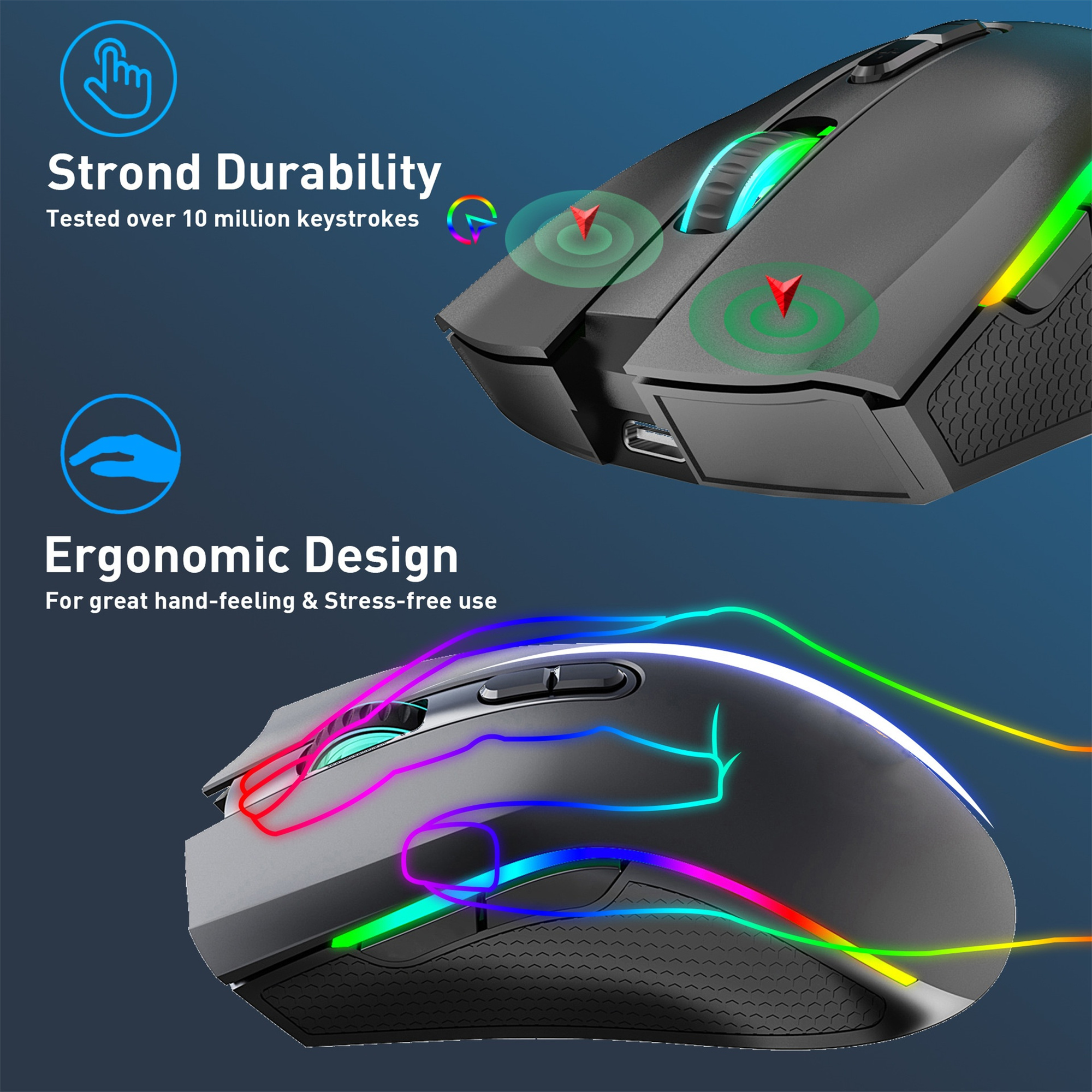 Zwei Gaming-Mäuse mit Lichtern und ergonomischem Design.