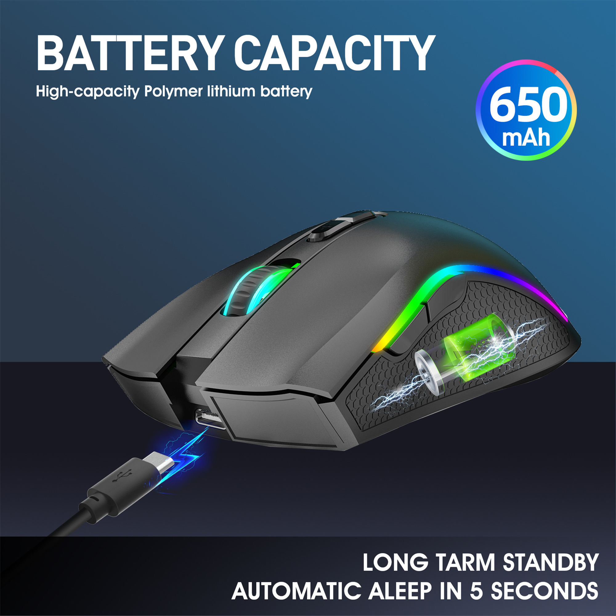 Schwarze und graue kabellose Maus mit RGB-Lichtern, Ladekabel und Batterieleistungsanzeige von 650 mAh.