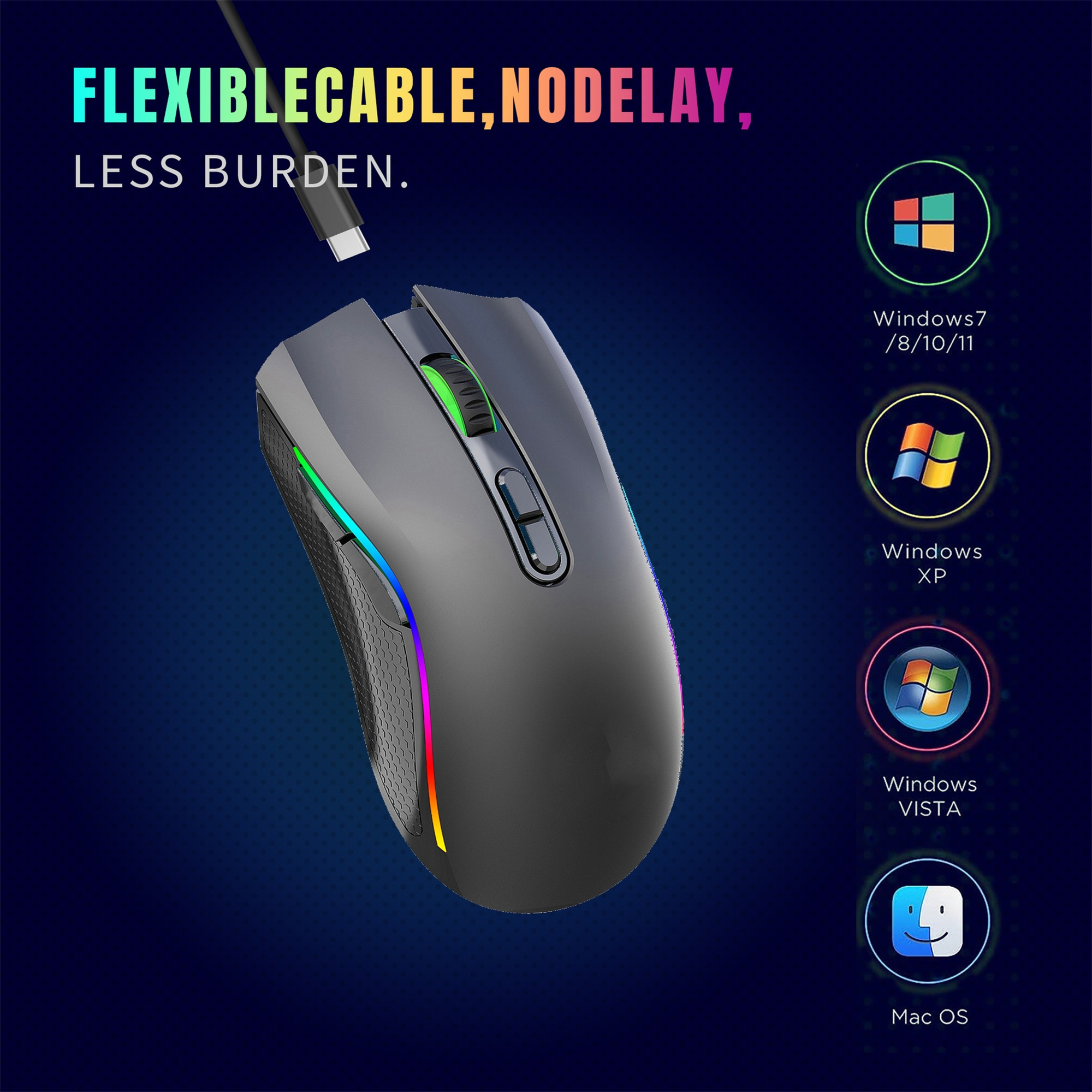 Schwarze Gaming-Maus mit bunten Lichtern, USB-Kabel und Icons verschiedener Betriebssysteme.
