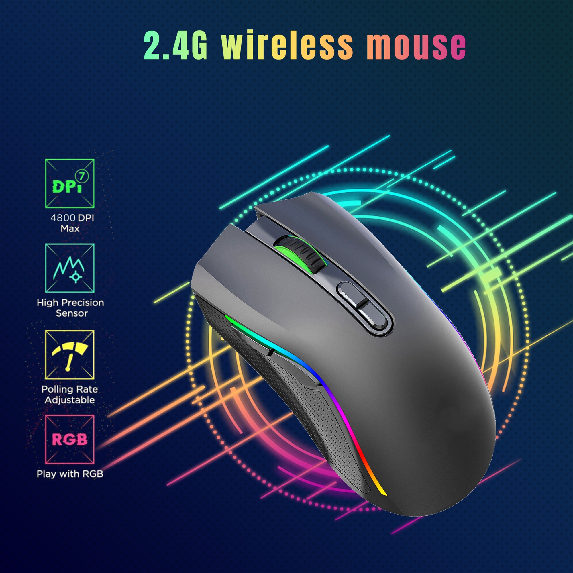Schwarze kabellose Maus mit RGB-Beleuchtung. DPI, Sensor und Polling-Rate-Symbole werden angezeigt.