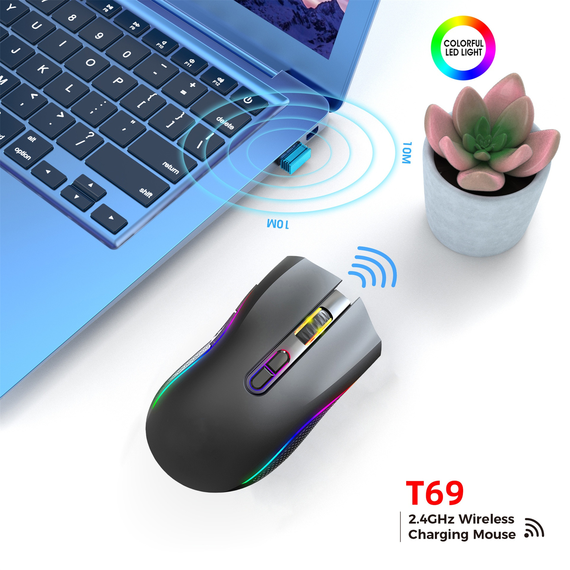 Eine schwarz-graue kabellose Maus mit einem USB-Dongle in der Nähe eines blauen Laptops.
