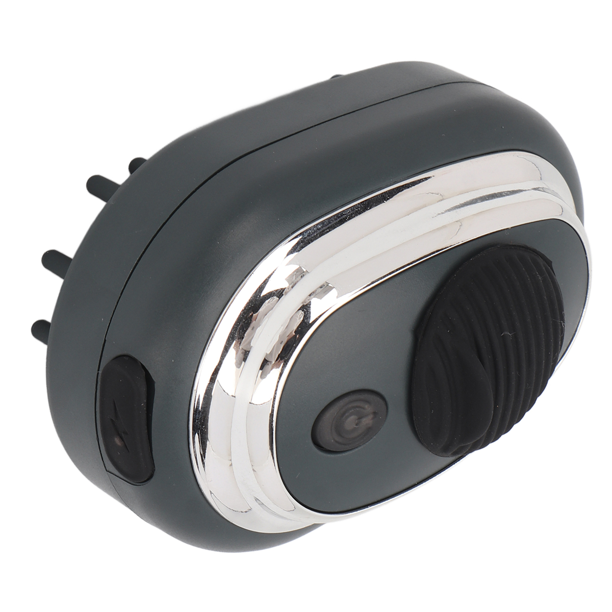 Schwarzes Handheld-Gerät mit silberner Zierleiste. Hat Knöpfe und ein rundes Zifferblatt.