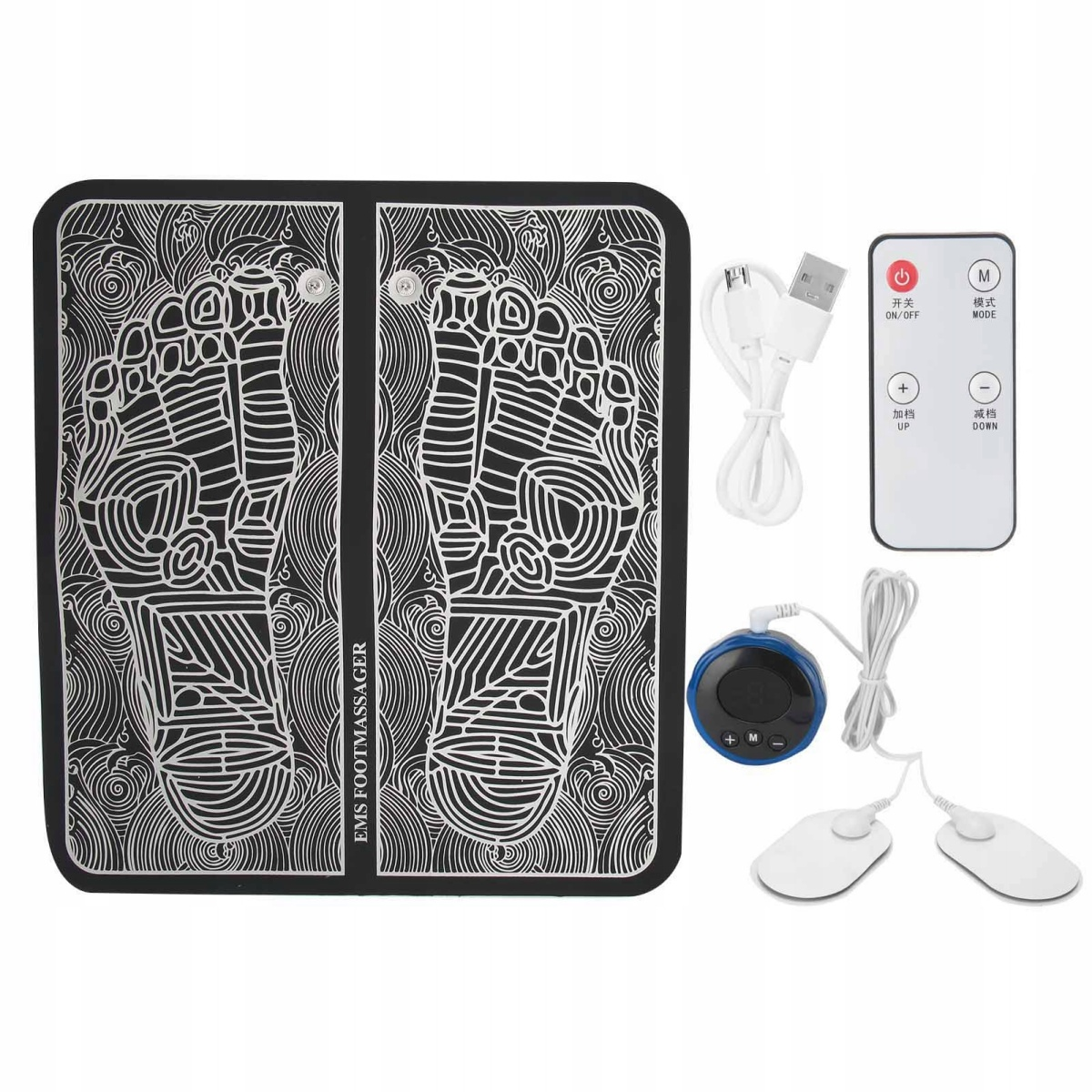 EMS-Fußmassagegerät mit zwei Fußpads, einer Fernbedienung und einer Steuereinheit, alles auf weißem Hintergrund.