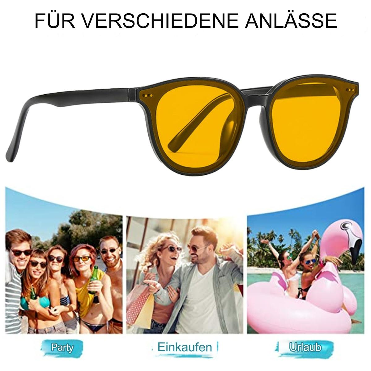 Schwarz gerahmte Sonnenbrille mit gelben Gläsern. Drei Szenen für Party, Shopping und Urlaub.