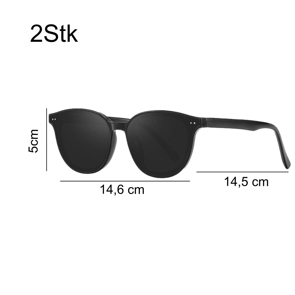Schwarze runde Sonnenbrille mit Maßen: 14,6 cm breit, 5 cm hoch und 14,5 cm lang.