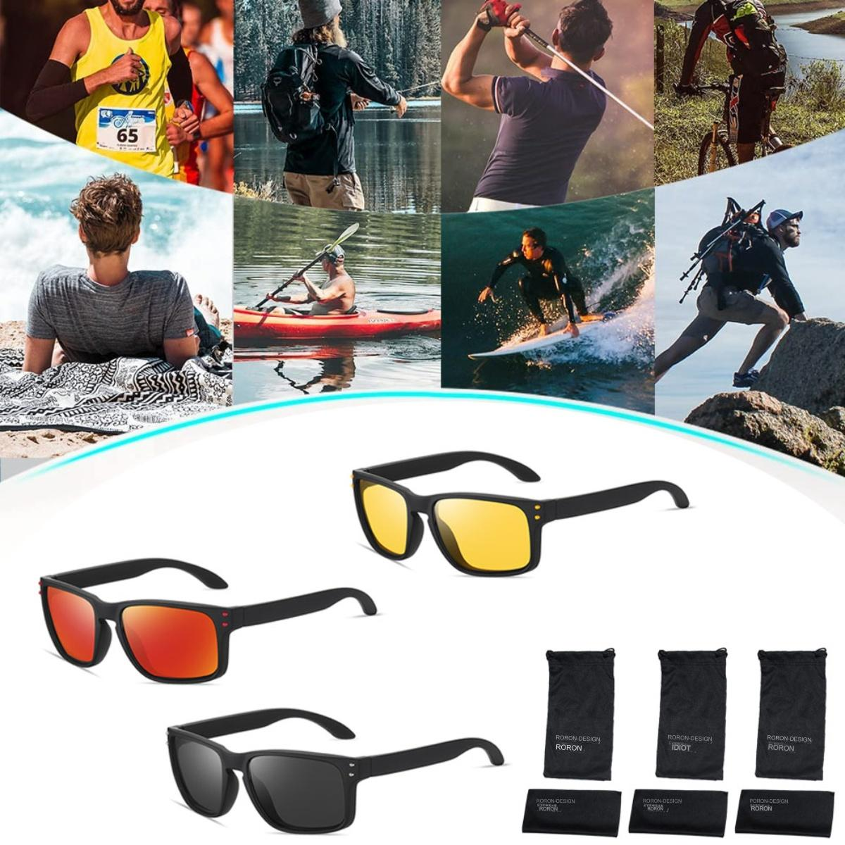 Sonnenbrillen und Aktivitäten. Sonnenbrillen, verschiedene Sportszenen: Laufen, Radfahren, Golf, Surfen usw.