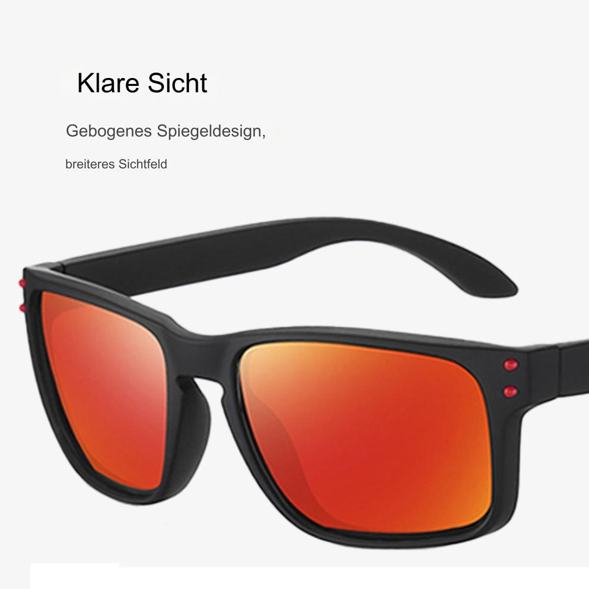Schwarze Sonnenbrille mit roten Gläsern. Die Gläser haben eine verspiegelte Oberfläche.