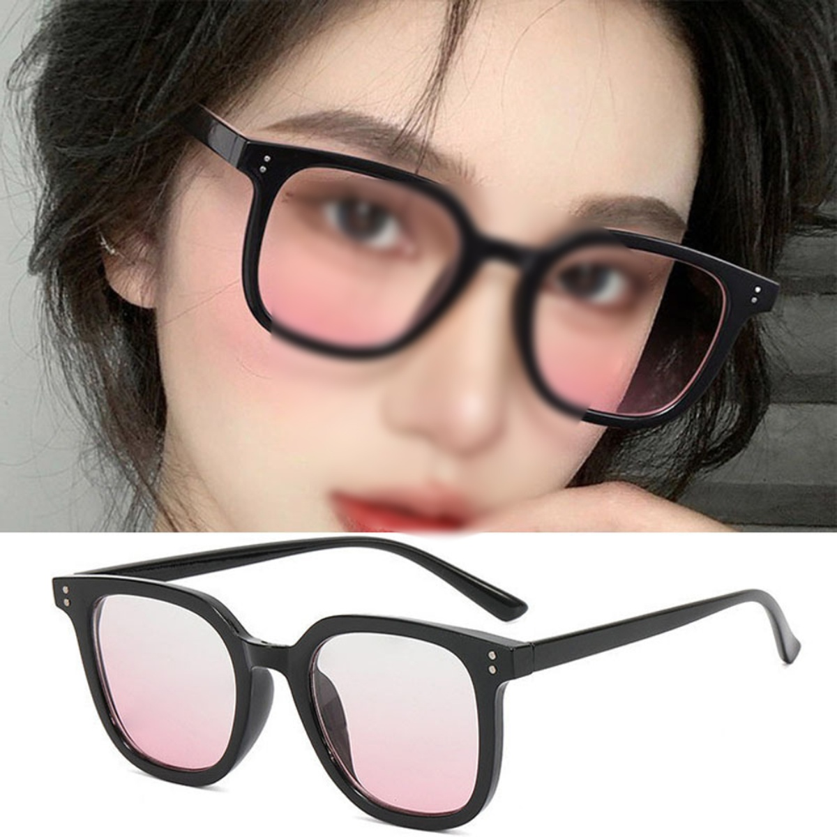 Frau mit Brille mit rosa Gläsern. Sonnenbrille mit rosa Gläsern unten.
